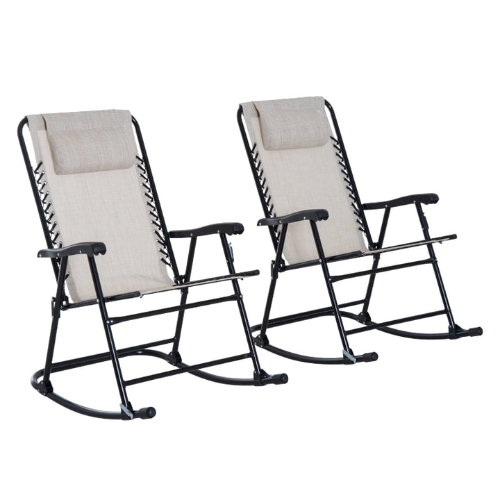 2pc Folding Rocking Lounge Lawn Chair w Headrest for Outdoor Patio Deck Garden, Cream White