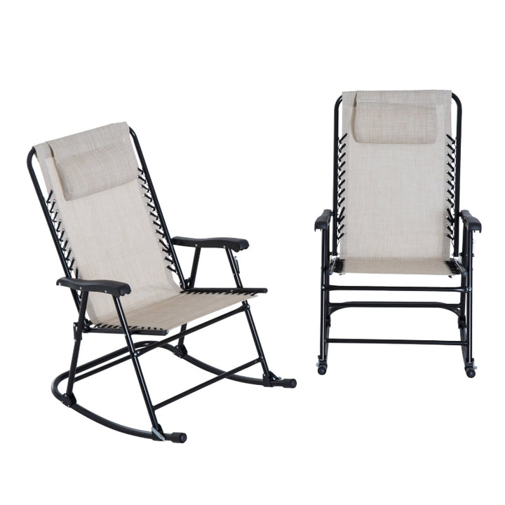 2pc Folding Rocking Lounge Lawn Chair w Headrest for Outdoor Patio Deck Garden, Cream White