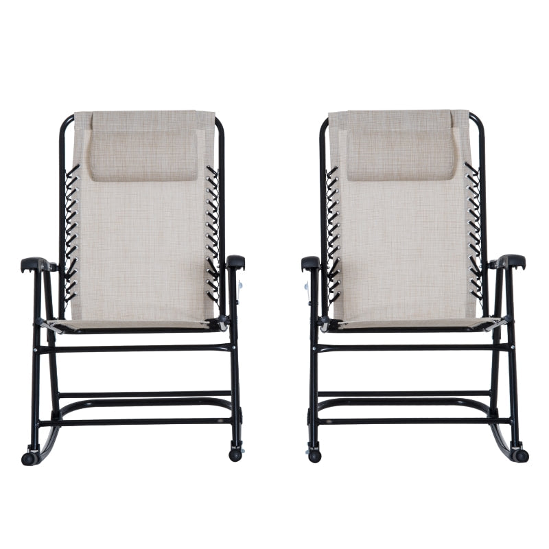 2pc Folding Rocking Lounge Lawn Chair w Headrest for Outdoor Patio Deck Garden, Cream White