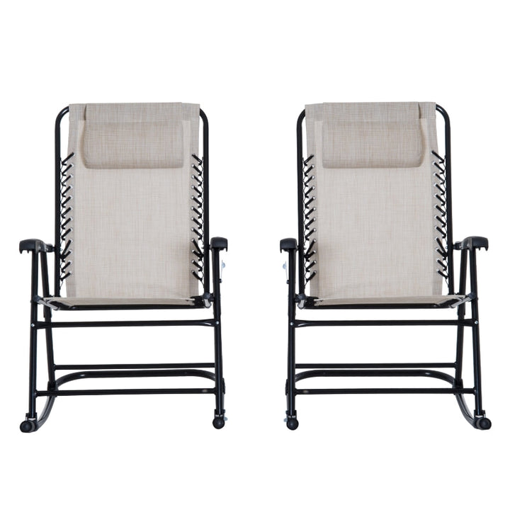 2pc Folding Rocking Lounge Lawn Chair w Headrest for Outdoor Patio Deck Garden, Cream White