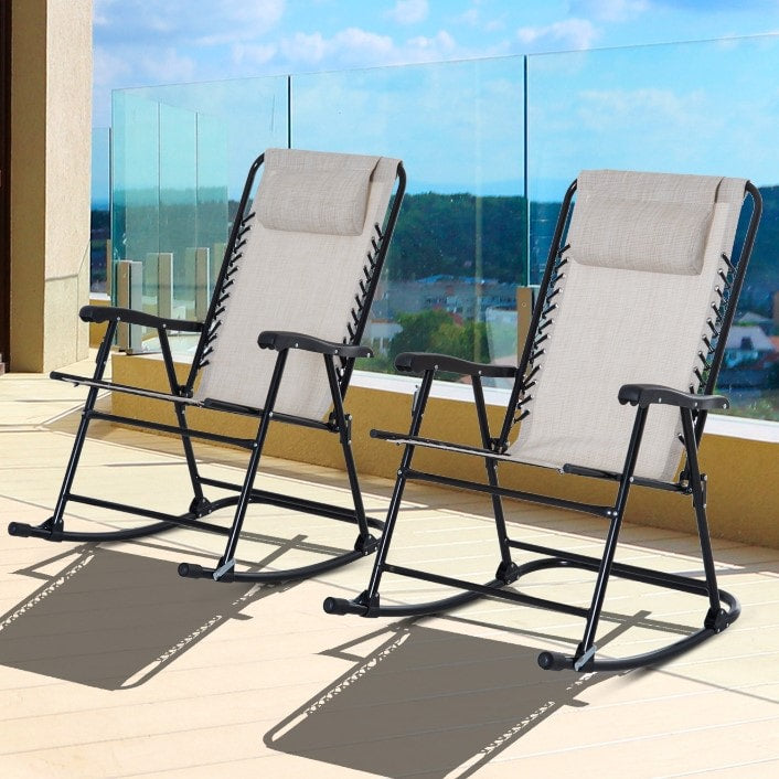 2pc Folding Rocking Lounge Lawn Chair w Headrest for Outdoor Patio Deck Garden, Cream White