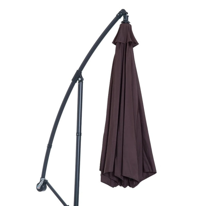 10ft Round Rotating Offset Hanging Banana Parasol Patio Umbrella w T Cross Base Stand, Dk Brown