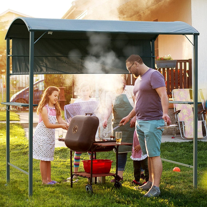 7' x 4.5' Gazebo Pergola Canopy Shelter w/ Fabric Roof, Shelves for BBQ Grill - Charcoal Grey