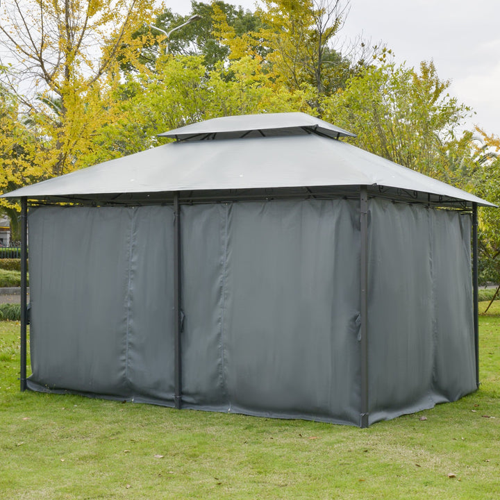 10' x 13' Steel Gazebo Canopy Shelter w Tiered Fabric Roof, Curtains, Outdoor Deck Patio, Grey