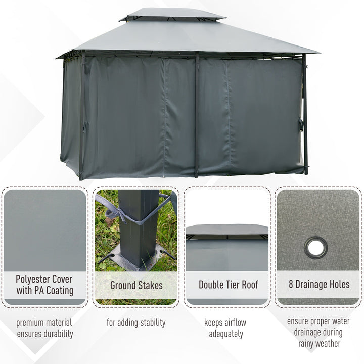 10' x 13' Steel Gazebo Canopy Shelter w Tiered Fabric Roof, Curtains, Outdoor Deck Patio, Grey