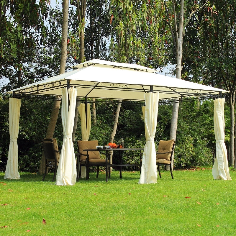 13' x 10' Steel 6 Column Gazebo Canopy Patio Tent Shelter w/ Tiered Roof, Curtains, Cream White