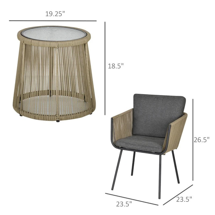 3pc Modern PE Rattan Webbed Wicker Metal Bistro Set w Cushions Patio Deck - Khaki Beige, Grey