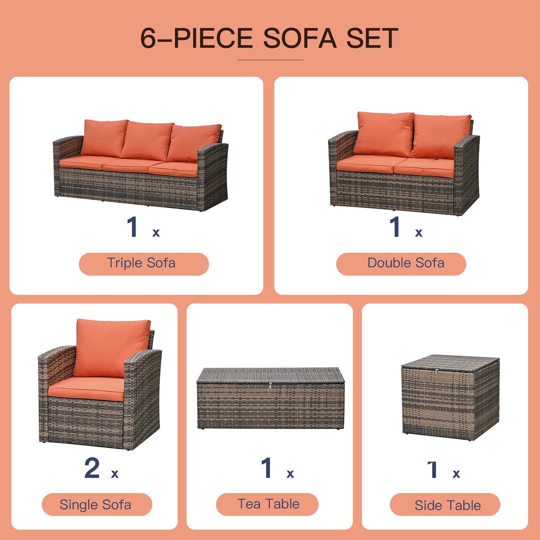 6pc Premium PE Rattan Wicker Conversation Patio Set w/ Cushion Storage, 2 Tables, Brown, Orange