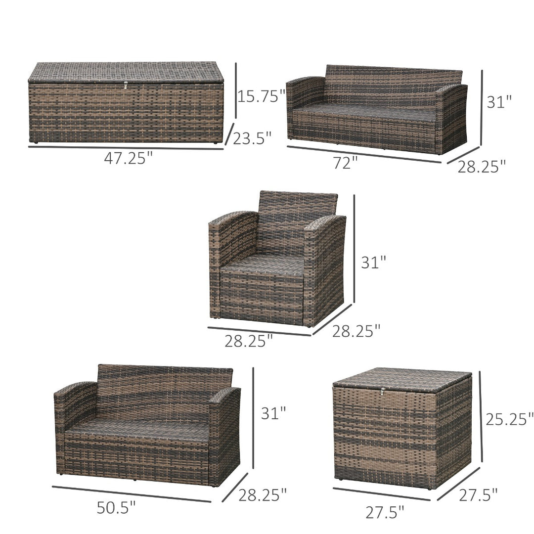 6pc Premium PE Rattan Wicker Conversation Patio Set w/ Cushion Storage, 2 Tables, Brown, Orange