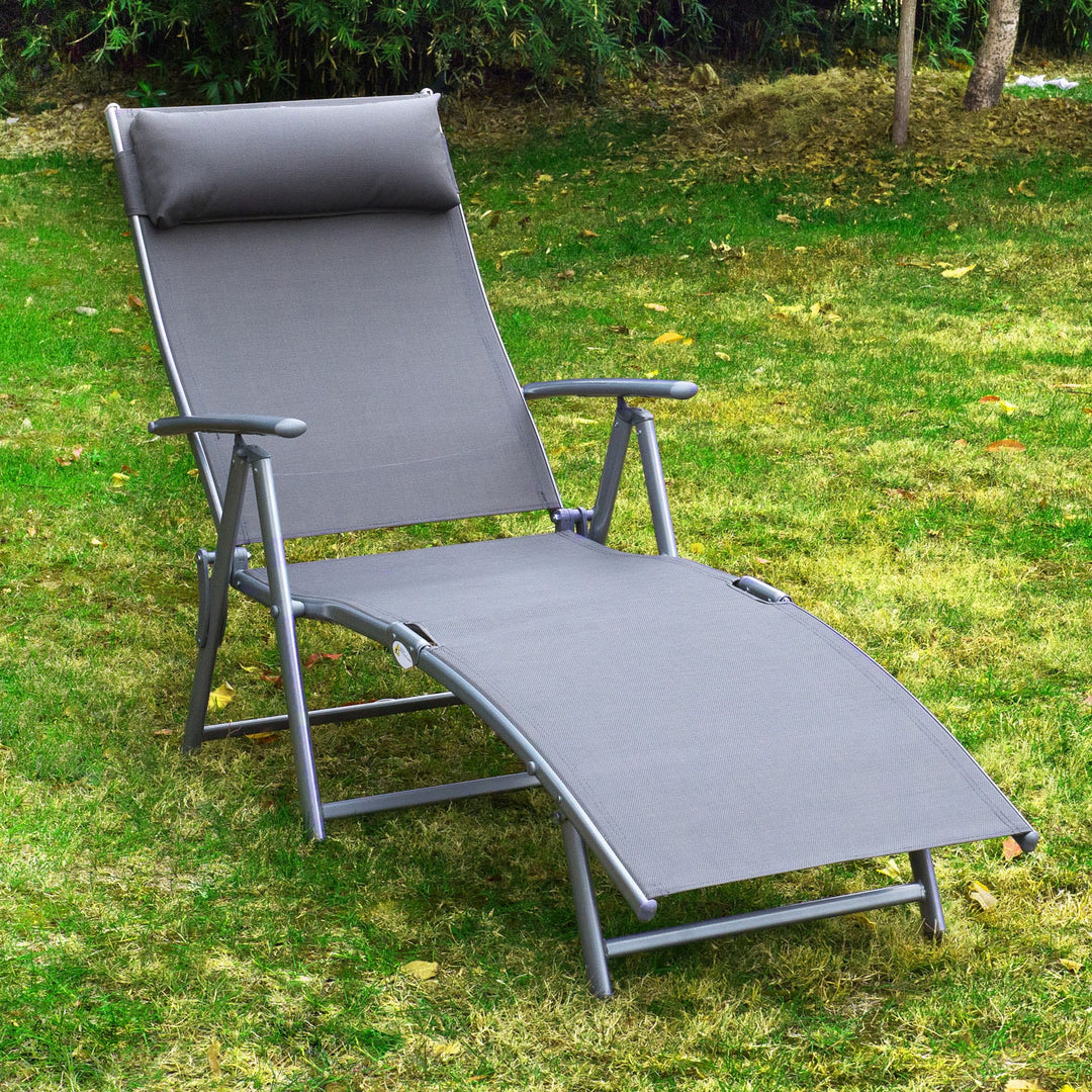 Folding Deck / Patio Sun Lounger w/ Neck Pillow - Grey