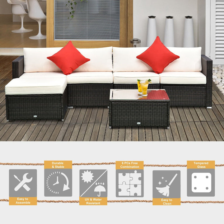 6pc PE Rattan Wicker Conversation Sectional Sofa Patio Set w Cushions – Brown, Cream White