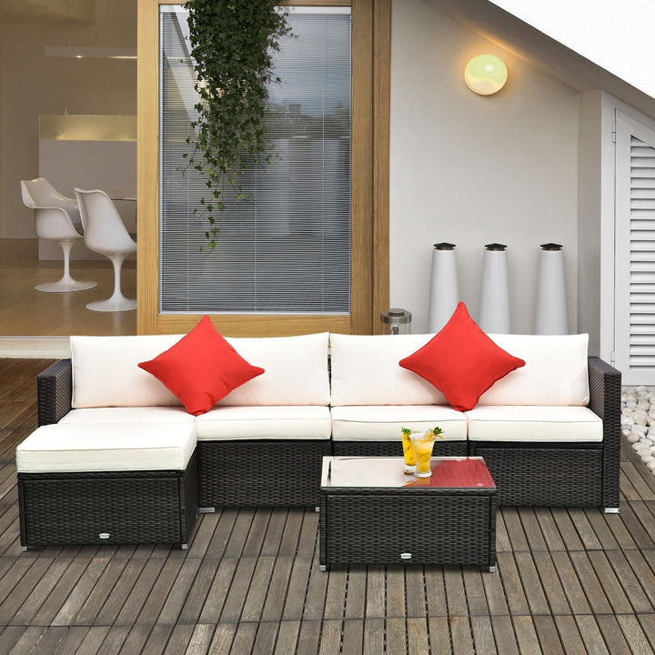 6pc PE Rattan Wicker Conversation Sectional Sofa Patio Set w Cushions – Brown, Cream White