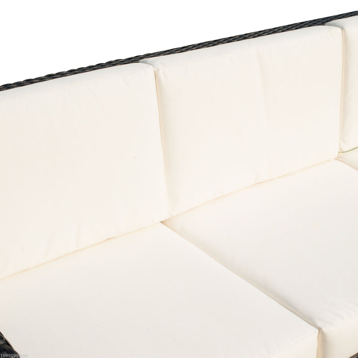 3-Seat PE Rattan Wicker Sofa Couch Bench w Cushions Outdoor Patio Deck, Dark Brown, Cream White