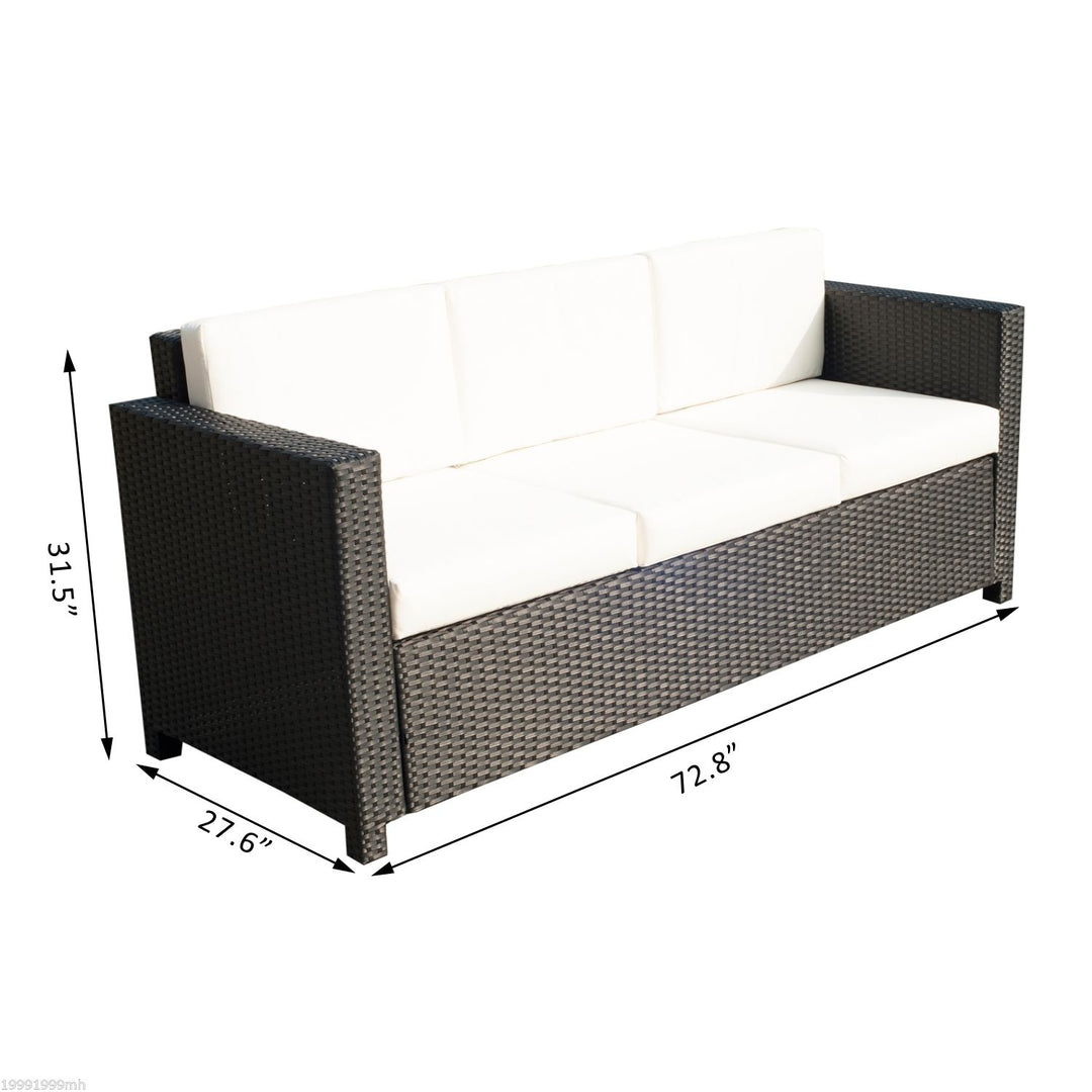 3-Seat PE Rattan Wicker Sofa Couch Bench w Cushions Outdoor Patio Deck, Dark Brown, Cream White