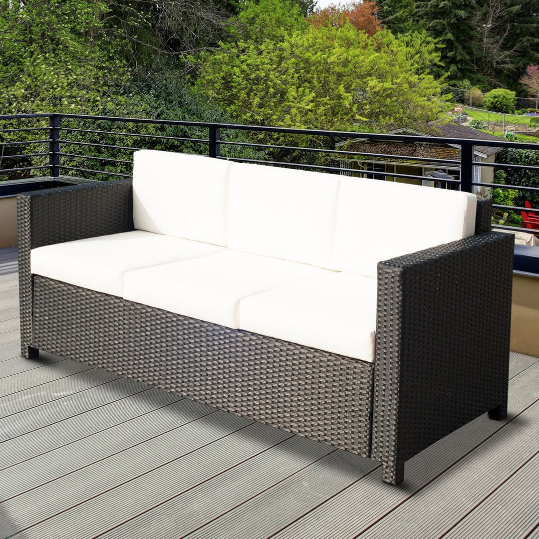 3-Seat PE Rattan Wicker Sofa Couch Bench w Cushions Outdoor Patio Deck, Dark Brown, Cream White
