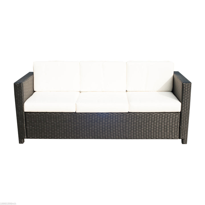 3-Seat PE Rattan Wicker Sofa Couch Bench w Cushions Outdoor Patio Deck, Dark Brown, Cream White