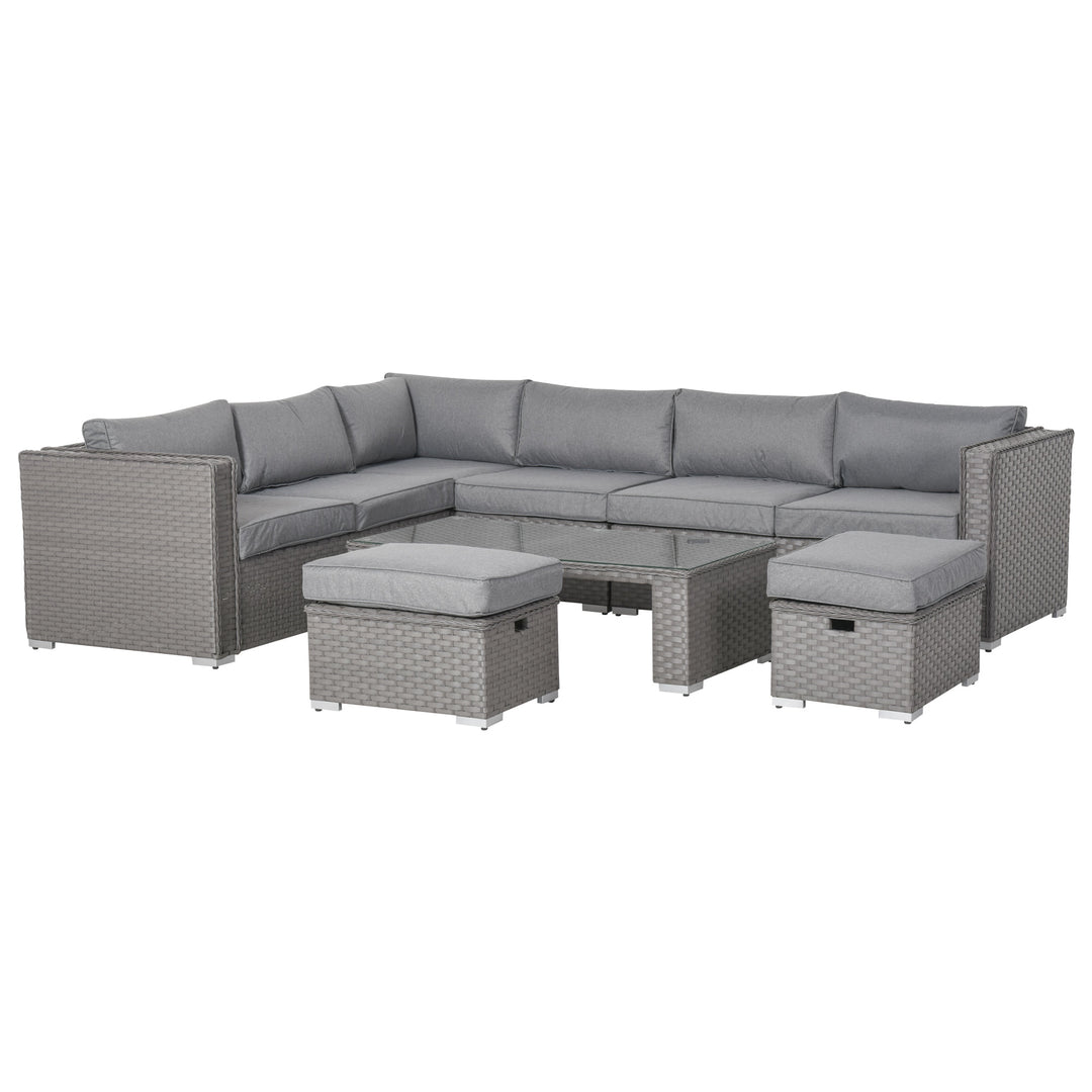 6pc L-Shape Aluminum PE Rattan Wicker Conversation Patio Set w/ Cushions, Footstools - Grey
