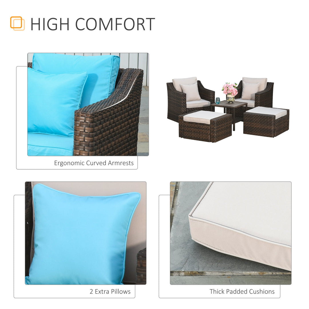 5pc PE Rattan Wicker Conversation Set w/ Armchairs, Cushions, Footstools Patio - Beige, Blue