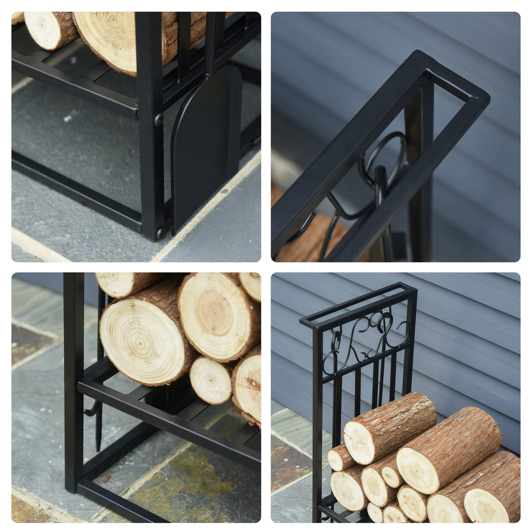 Metal Firewood Rack Stand for Indoor and Outdoor Use - Black