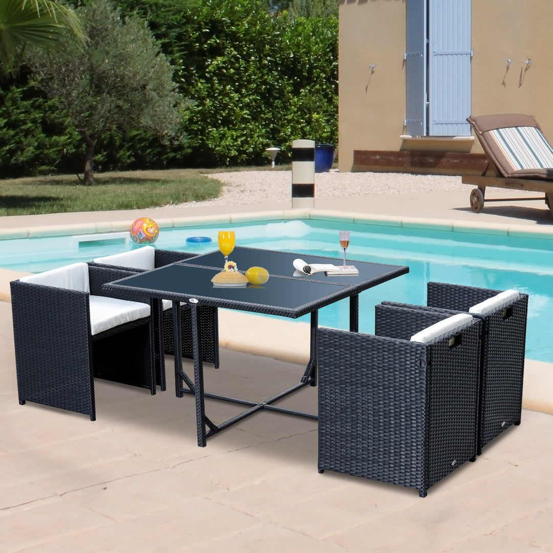 5pc Compact PE Rattan Wicker Dining Table Set w Cushions for Outdoor Patio - Black, Cream White