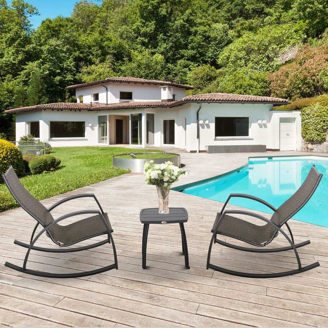Modern 3pc PE Rattan Wicker Bistro Dining Set w/ Rocking Chair for Patio Garden Deck - Brown