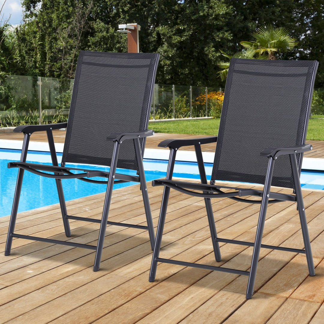 Compact Foldable 2pc Metal, Sling Fabric Chairs Bistro Set Outdoor Garden Patio Deck - Black