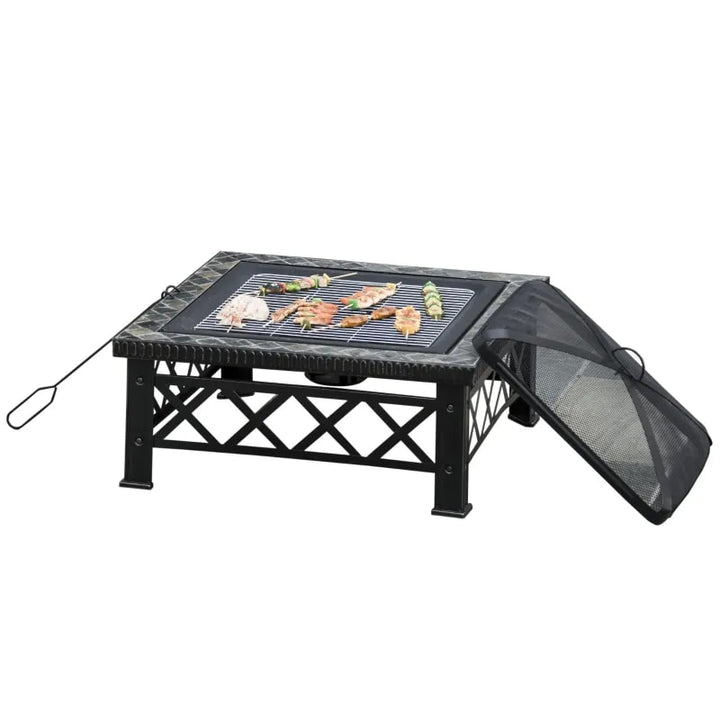 30" Square Fire Pit Patio Heater w Slate Edge, Mesh Screen Lid, Poker, Garden BBQ Grill - Black