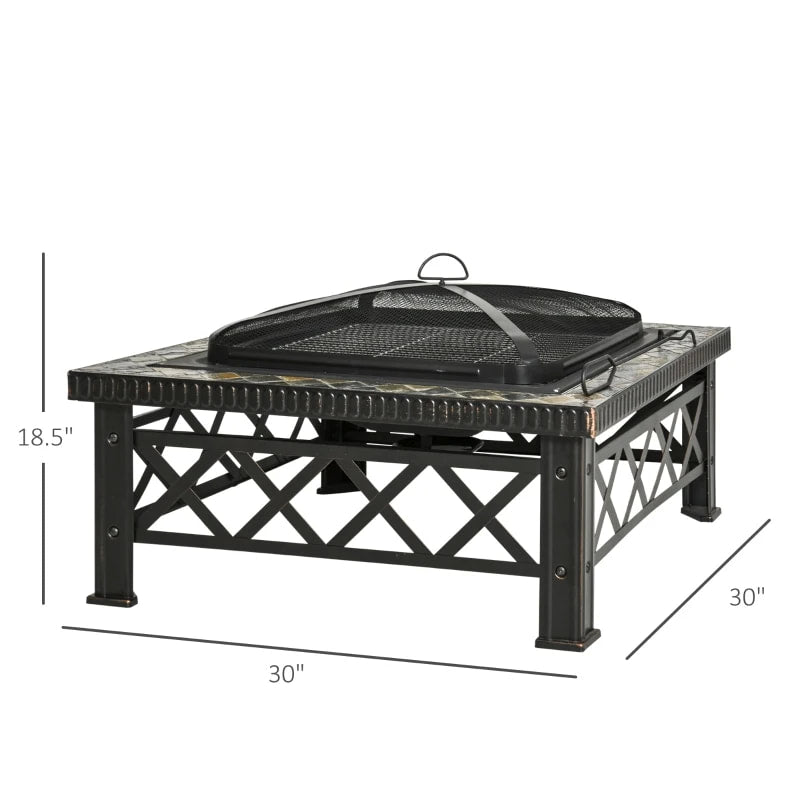 30" Square Fire Pit Patio Heater w Slate Edge, Mesh Screen Lid, Poker, Garden BBQ Grill - Black