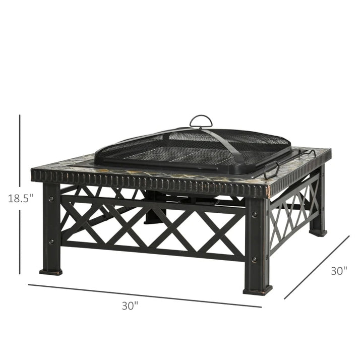 30" Square Fire Pit Patio Heater w Slate Edge, Mesh Screen Lid, Poker, Garden BBQ Grill - Black