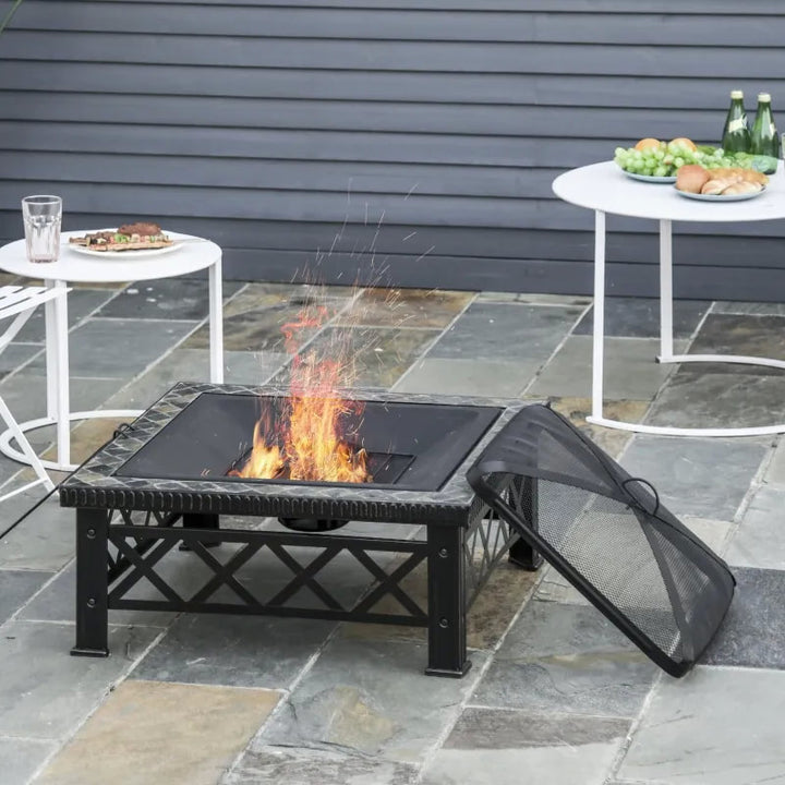 30" Square Fire Pit Patio Heater w Slate Edge, Mesh Screen Lid, Poker, Garden BBQ Grill - Black