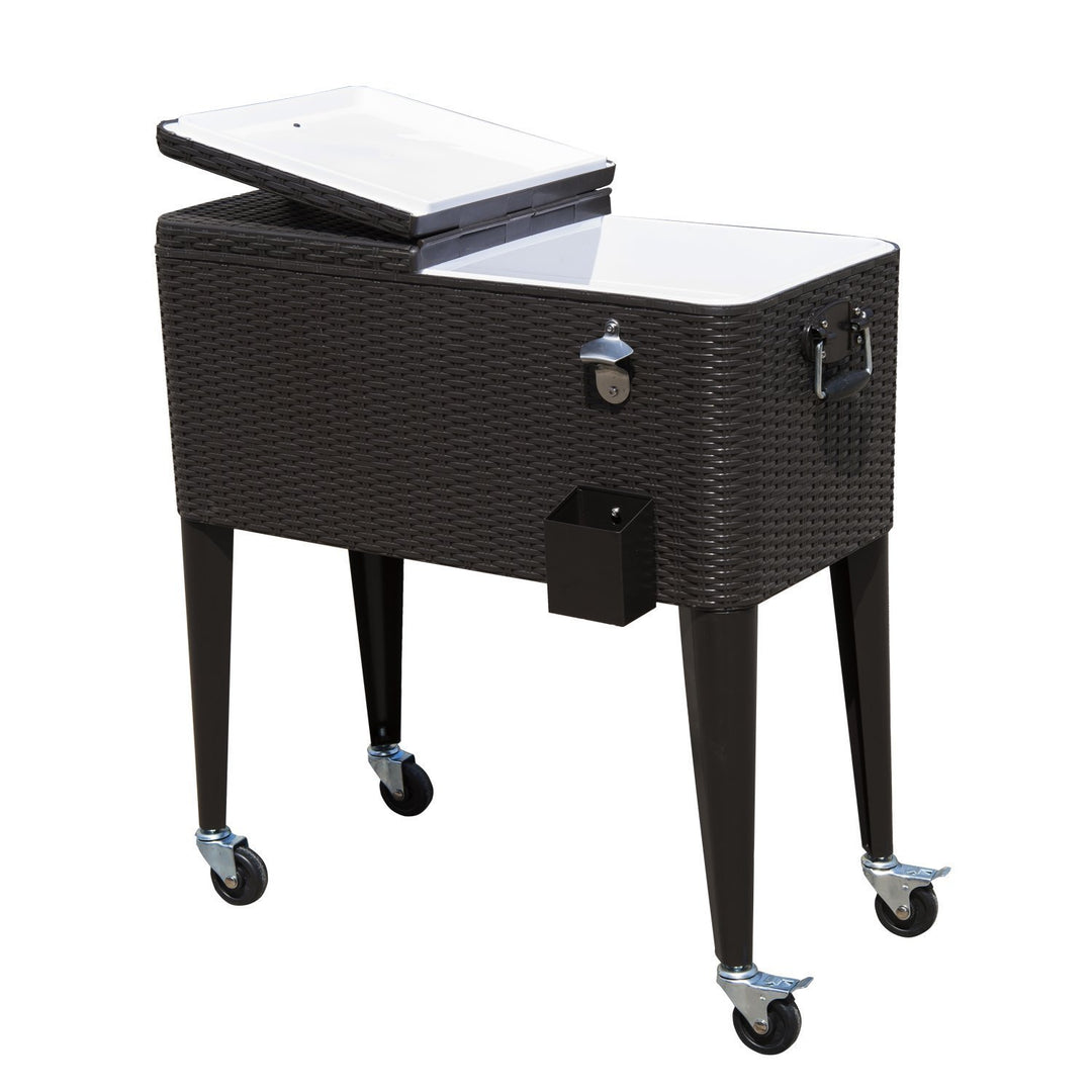 20gal Portable Rolling Drink Cooler Cart Ice Chest PE Rattan Wicker w/ Bottle Opener - Brown
