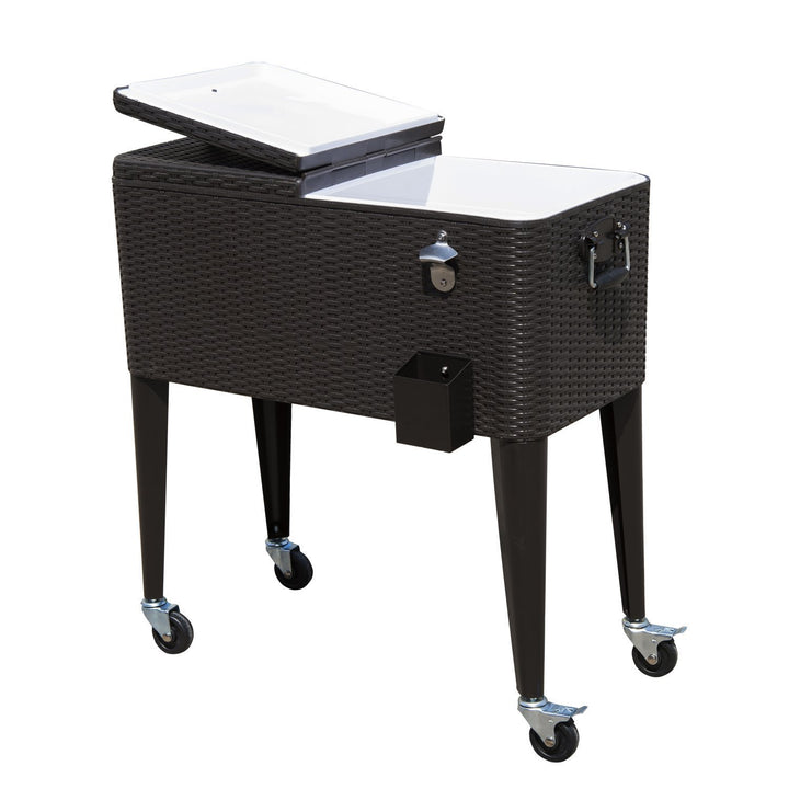 20gal Portable Rolling Drink Cooler Cart Ice Chest PE Rattan Wicker w/ Bottle Opener - Brown