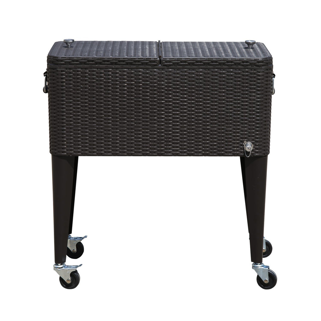 20gal Portable Rolling Drink Cooler Cart Ice Chest PE Rattan Wicker w/ Bottle Opener - Brown