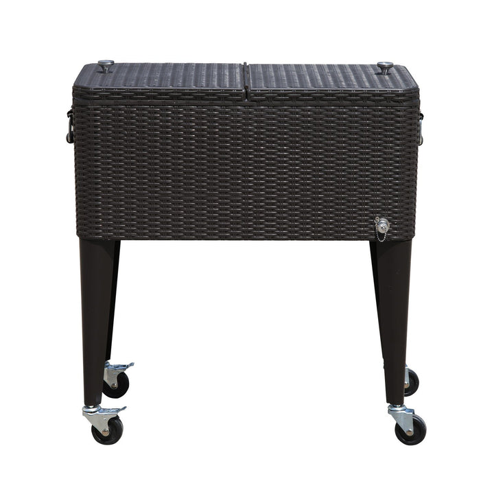20gal Portable Rolling Drink Cooler Cart Ice Chest PE Rattan Wicker w/ Bottle Opener - Brown