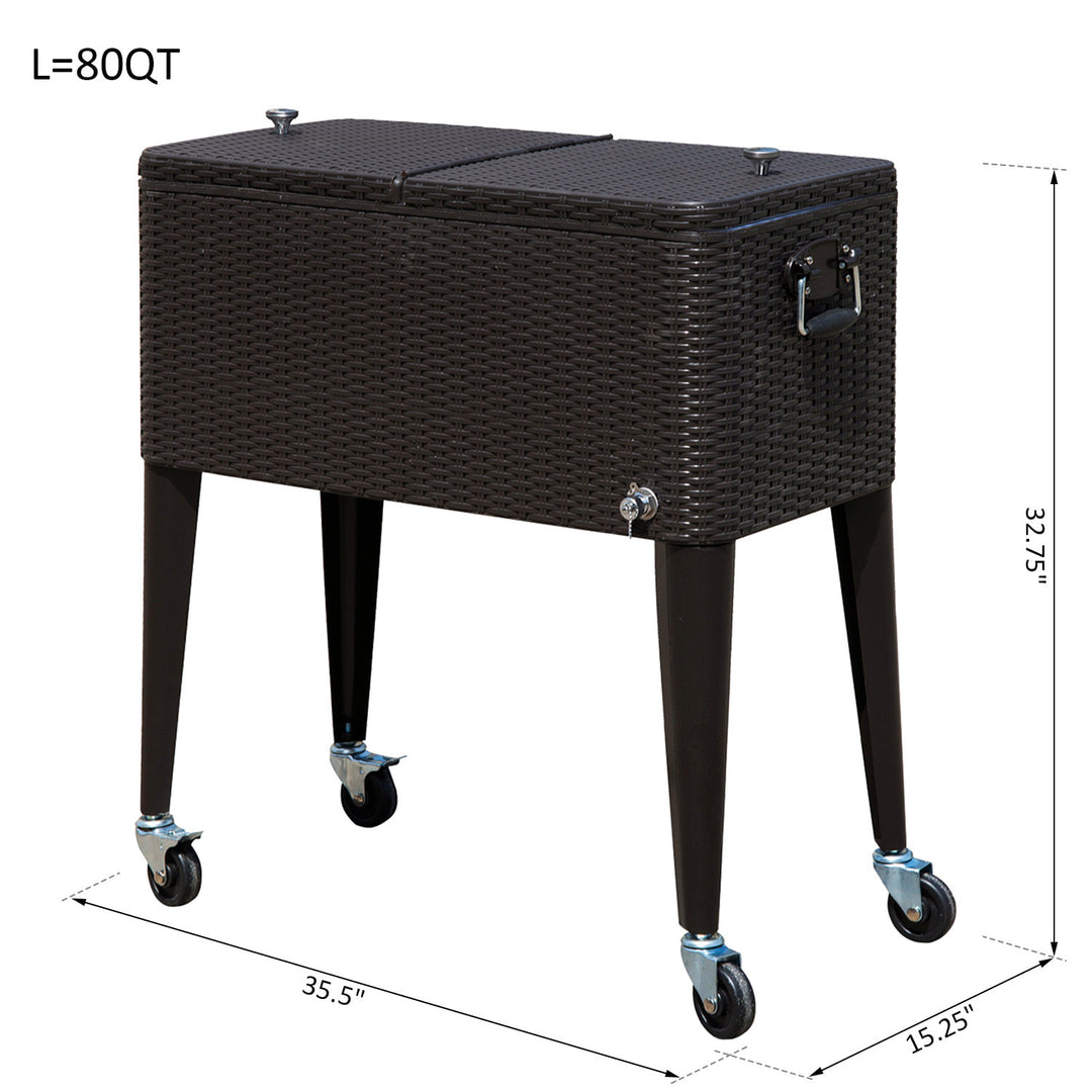 20gal Portable Rolling Drink Cooler Cart Ice Chest PE Rattan Wicker w/ Bottle Opener - Brown