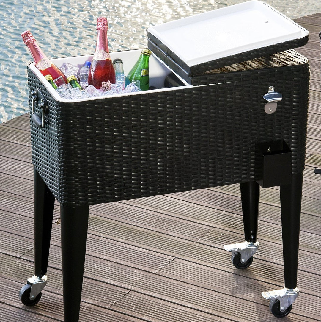 20gal Portable Rolling Drink Cooler Cart Ice Chest PE Rattan Wicker w/ Bottle Opener - Brown