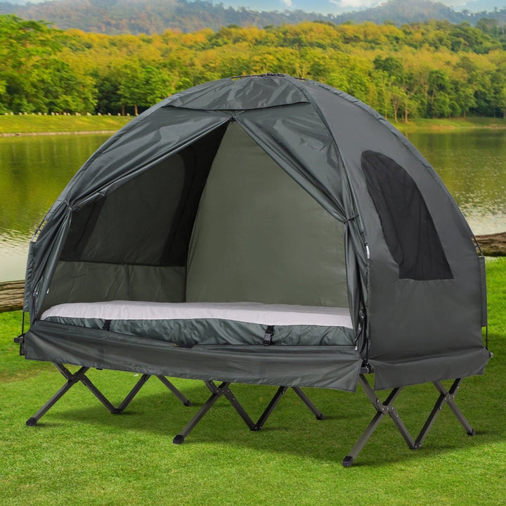 Folding Portable Wide Raised Air Mattress Camping Cot Bed w/ Tent Cover, Sheets, Case, Dk Green