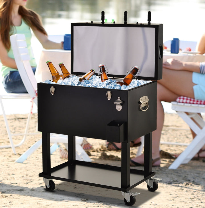 65L Ice Cooler Drink Bar Cart on Wheels w/ Foosball Game Table Top for Party Picnic BBQ, Black