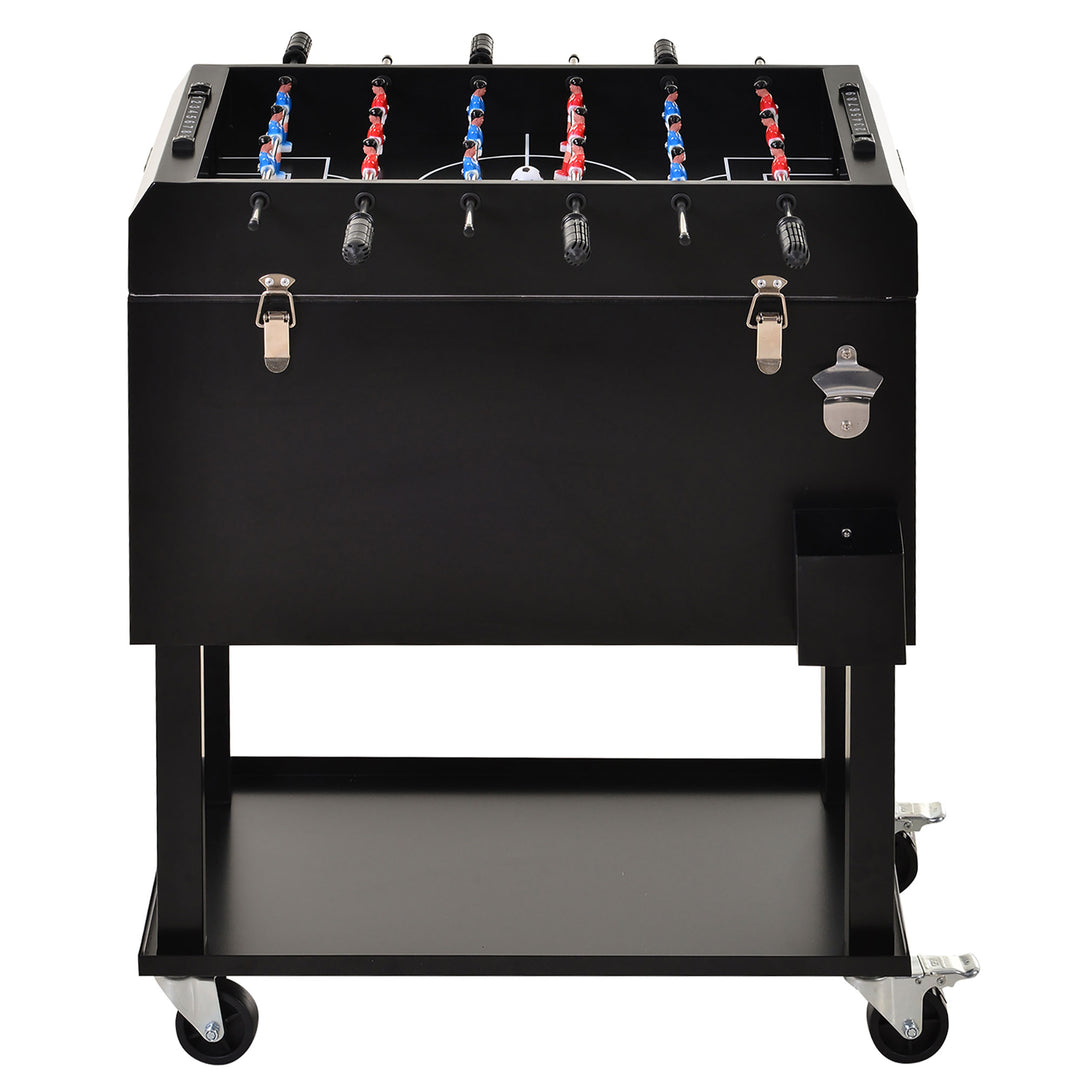 65L Ice Cooler Drink Bar Cart on Wheels w/ Foosball Game Table Top for Party Picnic BBQ, Black