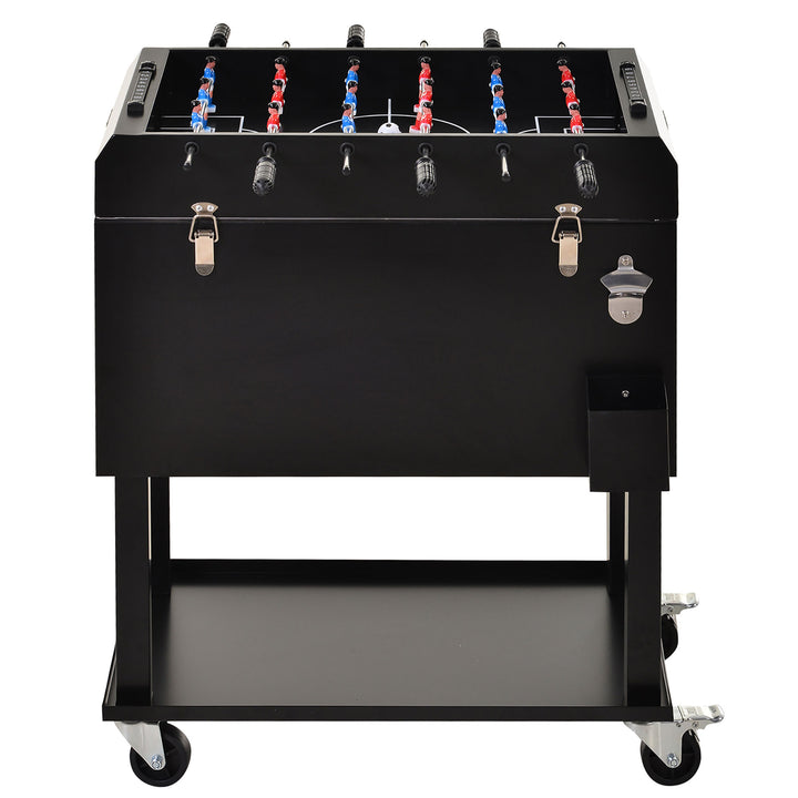 65L Ice Cooler Drink Bar Cart on Wheels w/ Foosball Game Table Top for Party Picnic BBQ, Black