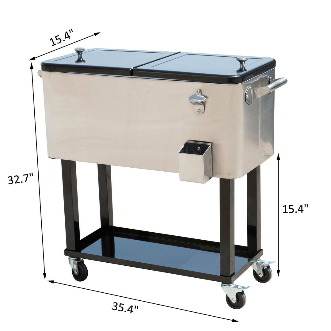 20gal Portable Rolling Drink Cooler Cart Ice Chest w/ Bottle Opener & Storage Rack - Silver