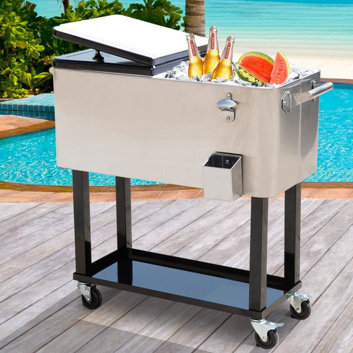 20gal Portable Rolling Drink Cooler Cart Ice Chest w/ Bottle Opener & Storage Rack - Silver