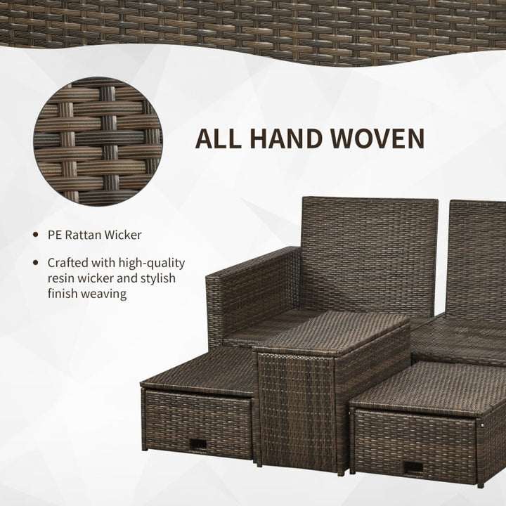 5pc PE Rattan Wicker Reclining Patio Chaise Lounger Seats w Cushion, Footstool, Brown, Dk Grey