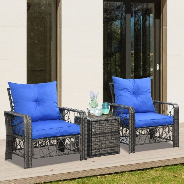 3pc PE Rattan Wicker Bistro Patio Chair Set w Storage Table Outdoor Deck Balcony - Grey, Blue