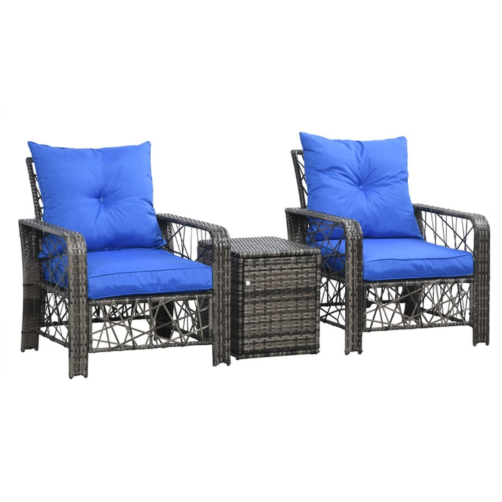 3pc PE Rattan Wicker Bistro Patio Chair Set w Storage Table Outdoor Deck Balcony - Grey, Blue