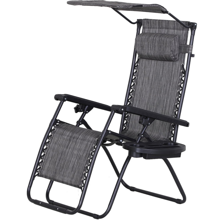 2pc Zero Gravity Folding Lounge Chair Reclining Deck Seat w Cup Holder, Canopy Sun Shade, Grey