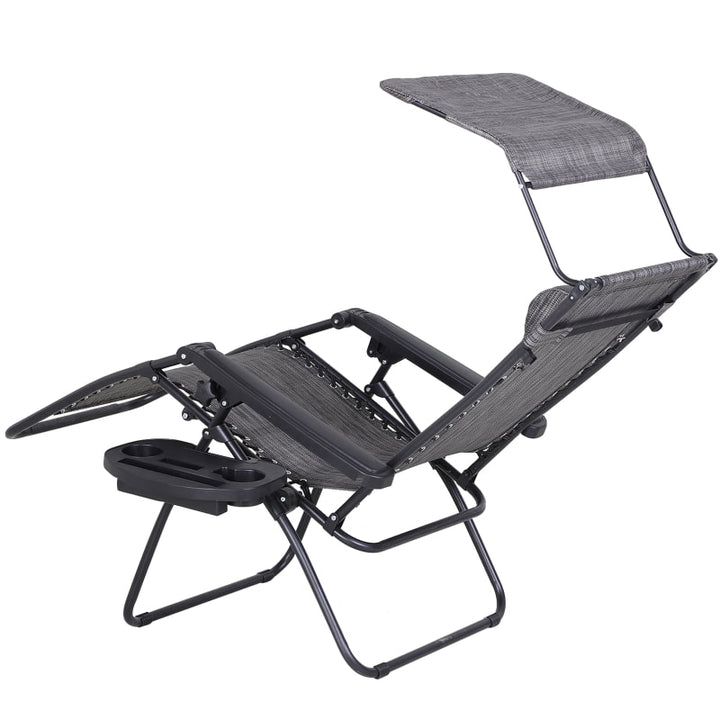 2pc Zero Gravity Folding Lounge Chair Reclining Deck Seat w Cup Holder, Canopy Sun Shade, Grey
