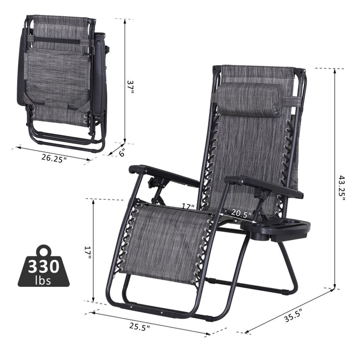 2pc Zero Gravity Folding Lounge Chair Reclining Deck Seat w Cup Holder, Canopy Sun Shade, Grey