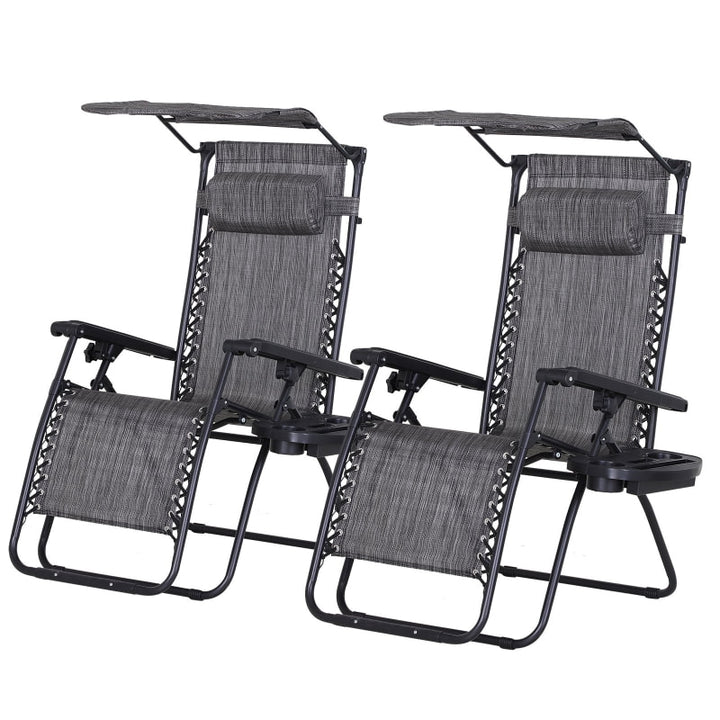 2pc Zero Gravity Folding Lounge Chair Reclining Deck Seat w Cup Holder, Canopy Sun Shade, Grey
