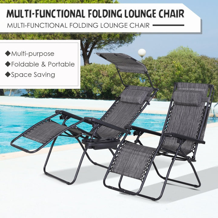 2pc Zero Gravity Folding Lounge Chair Reclining Deck Seat w Cup Holder, Canopy Sun Shade, Grey